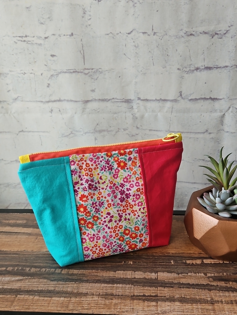 Handmade Quilted Cotton Bright Floral 8" Zipper Pouch